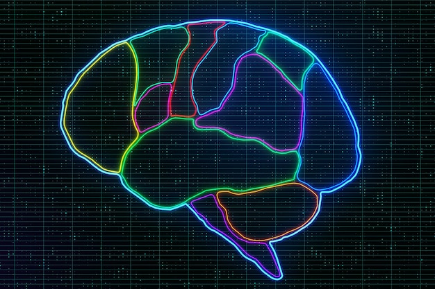 Investigación cerebral médica con anatomía de lóbulos cerebrales humanos marcados por líneas de neón