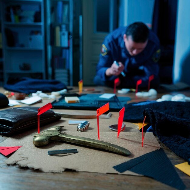 Foto investigación de la escena del crimen numeración de las pruebas después del asesinato en el apartamento bolso de puño de bronce y ropa con marcadores de pruebas