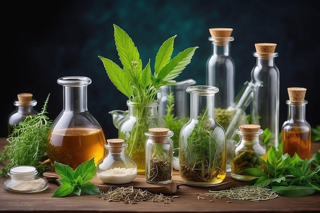 Investigación de fármacos naturales Extracción orgánica y científica natural en artículos de vidrio Medicina de hierbas verdes alternativas Productos de belleza naturales para el cuidado de la piel Concepto de laboratorio y desarrollo