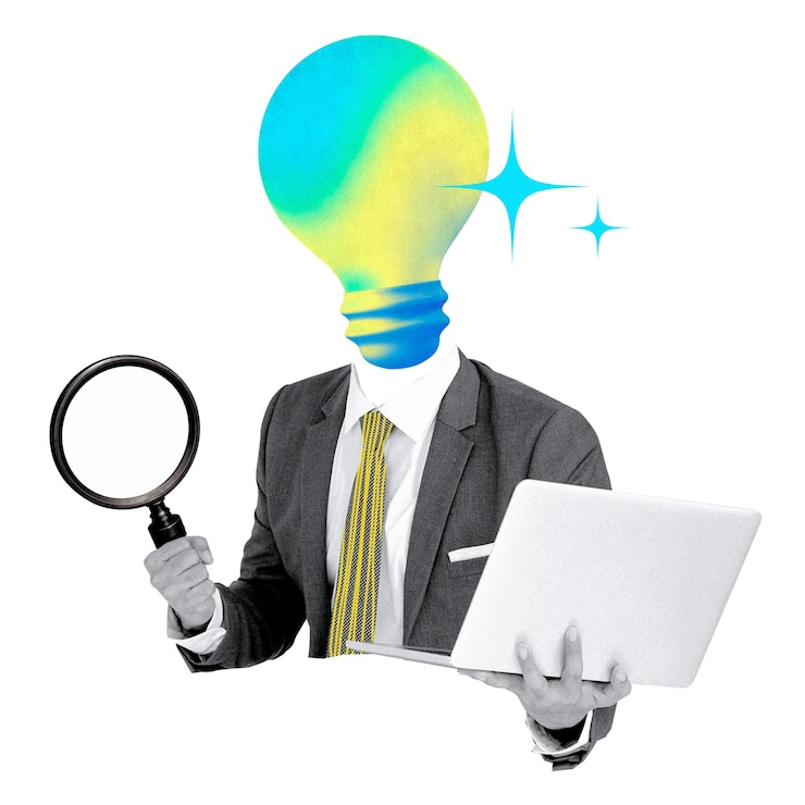Foto investigación de ideas de negocio pegatina png remezcla fondo transparente