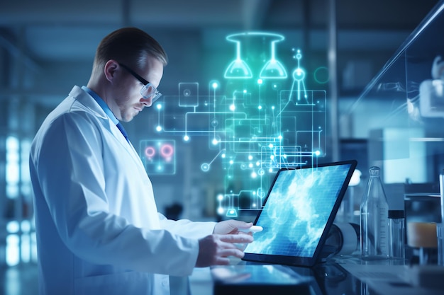 Investigación médica Tecnología de la salud Concepto de atención médica y medicina Técnico que utiliza una tabla digital