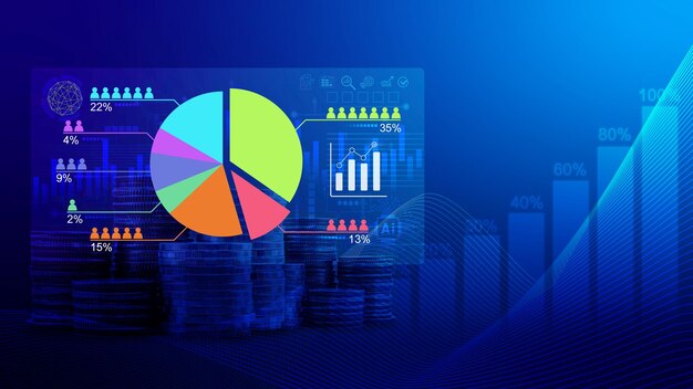 Investigación de mercado y análisis de mercado con tecnología AI encuestas de clientes y analistas de estadísticas tocan gráficos y gráficos de crecimiento financiero informe de gráfico de planificación de negocios