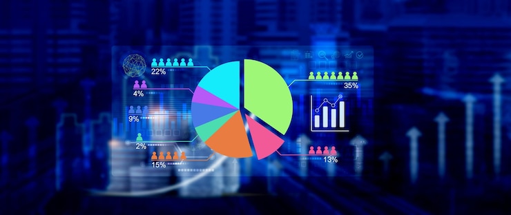 Foto investigación de mercado y análisis de mercado con tecnología ai encuestas de clientes y analistas de estadísticas tocan gráficos y gráficos de crecimiento financiero informe de gráfico de planificación de negocios