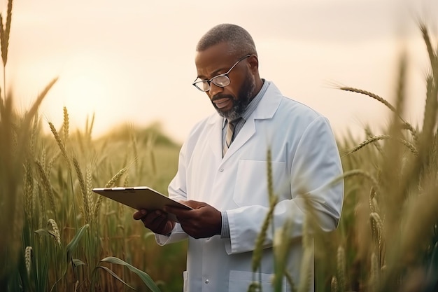 Investigador agrónomo afroamericano con bata blanca toma notas en una tableta en un campo de trigo