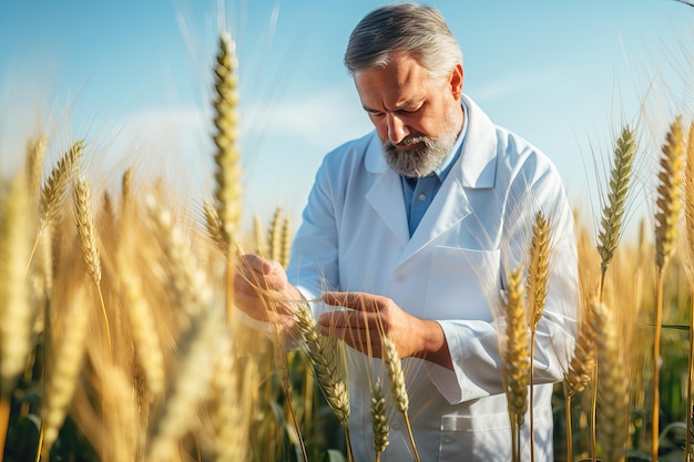 Investigador agrónomo trabajando en un campo de trigo