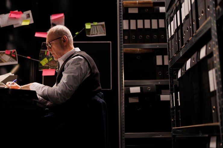 Foto investigador anciano trabajando horas extras en el informe de la escena del crimen.