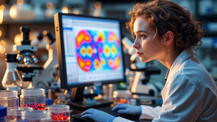 Foto un investigador detallista analiza los datos de los experimentos en un laboratorio moderno durante las horas de la noche