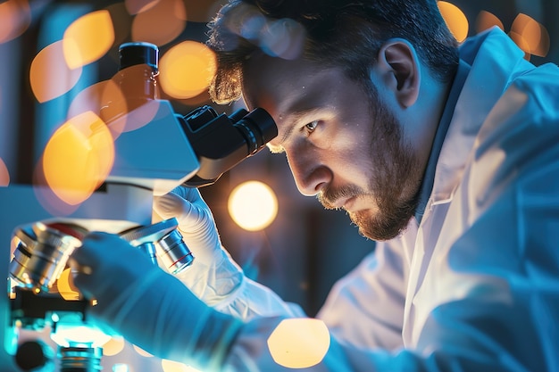 Investigador masculino examinando muestras bajo el microscopio