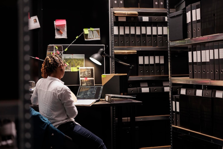 Foto investigador privado analizando la información de vigilancia recopilada en la oficina de la agencia. detective mujer sentada en la mesa del lugar de trabajo, mirando la fotografía sospechosa en la computadora portátil y estudiando pistas