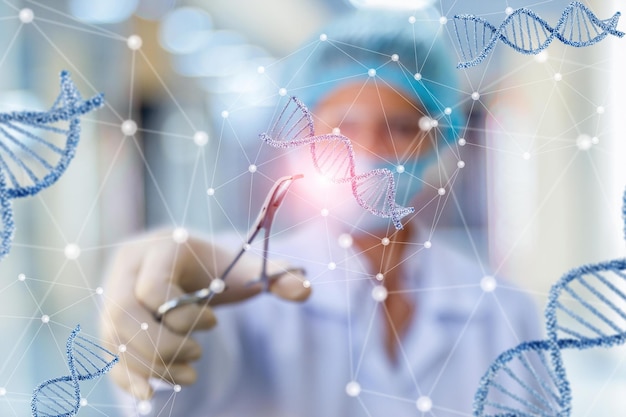 Investigador que trabaja con ADN sobre fondo borroso