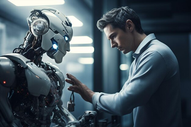 Un investigador de robótica probando un robot humanoide