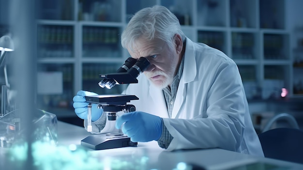 Investigador senior masculino que lleva a cabo investigaciones científicas en un laboratorio usando un microscopio Creado con tecnología de IA generativa