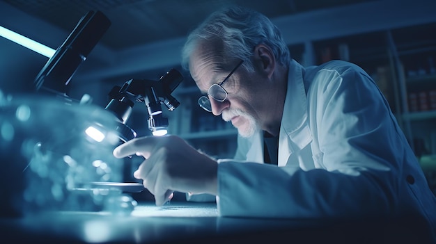 Investigador senior masculino que lleva a cabo investigaciones científicas en un laboratorio utilizando un microscopio creado con tecnología de IA generativa