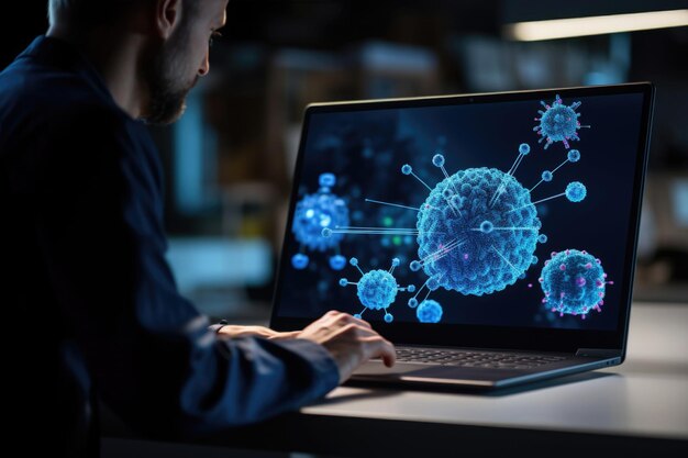 Foto un investigador virólogo está estudiando una nueva cepa de coronavirus que ve en su computadora