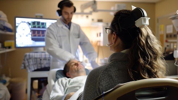 Foto una investigadora con auriculares y gafas está monitoreando la actividad cerebral de un paciente que se somete a una resonancia magnética