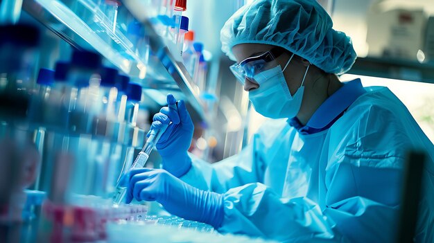 Foto una investigadora con guantes de bata de laboratorio y gafas de seguridad trabaja en un laboratorio. está usando una pipeta para transferir un líquido a un tubo de ensayo.