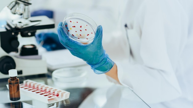 Investigadora con una placa de Petri sentada en una mesa de laboratorio