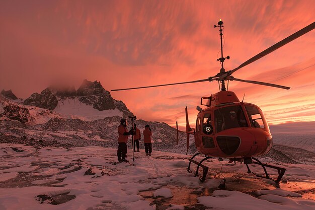 Foto los investigadores despliegan instrumentos meteorológicos en el terreno helado bajo una puesta de sol antártica