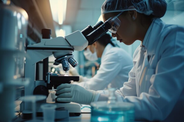 Los investigadores médicos están en el laboratorio observando atentamente las células bajo el microscopio.