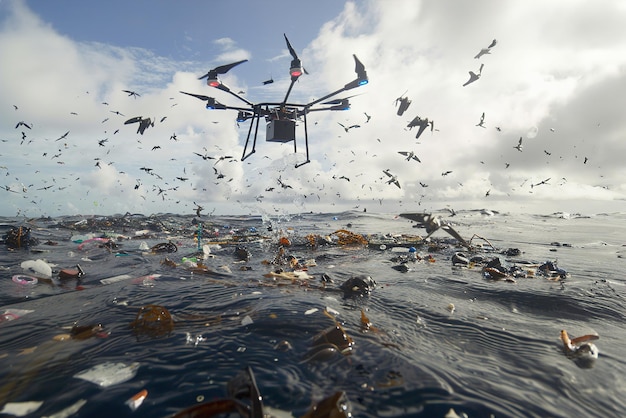 Foto los investigadores monitorean drones autónomos que recorren la superficie de los escombros durante la operación de limpieza de los océanos