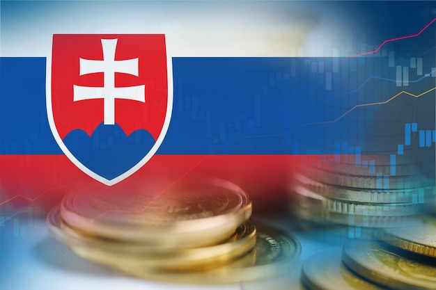 Investimento do mercado de ações negociando moeda financeira e bandeira da Eslováquia ou Forex para analisar o fundo de dados de tendências de negócios de finanças de lucro