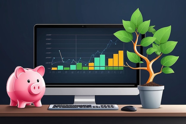 Investimento e financiamento conceito de negócio de crescimento Piggy bank com árvore de moeda e gráfico financeiro no monitor