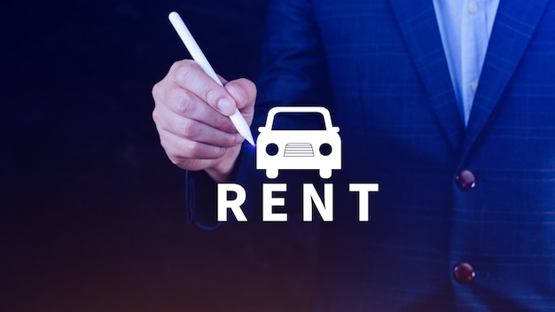 Investimento em transporte de veículos e hipoteca de automóveis conceito financeiro Realtors mão coloca com ícone carro e palavra RENT Alugar um carro