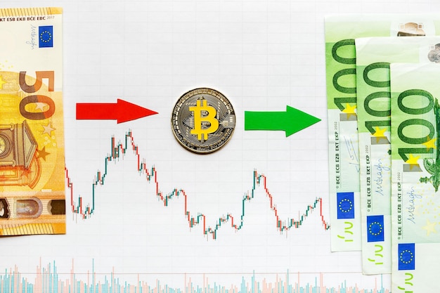 Investimento lucrativo de dinheiro virtual bitcoin Seta vermelha verde e prata Bitcoin na classificação do índice do gráfico forex de papel sobem no fundo do mercado de câmbio Conceito de valorização da criptomoeda