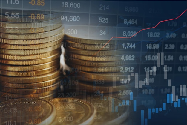 Investimento no mercado de ações negociando moeda financeira e gráfico gráfico ou Forex para analisar o fundo de dados de tendências de negócios de finanças de lucro