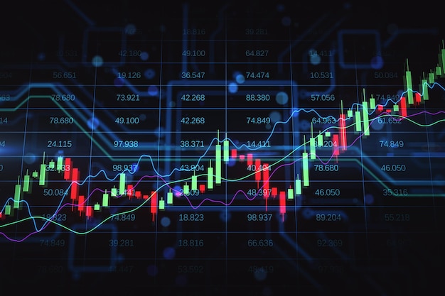 Investir no mercado forex e no conceito de crescimento com castiçal de gráfico financeiro crescente digital e gráficos sobre renderização 3D de fundo de indicadores do mercado de ações