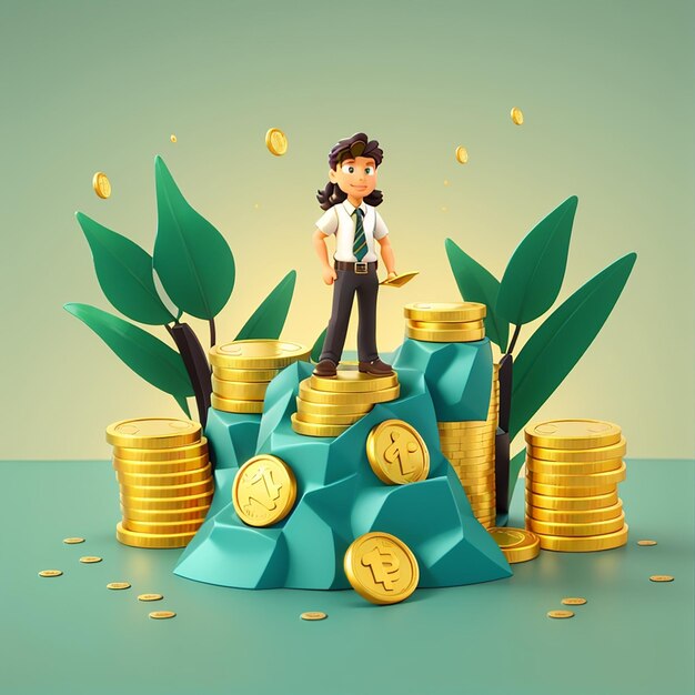 Investition Pflanzengeld mit Goldmünze Zeichentrickfigur Ikon Illustration Finanzierungsobjekt Ikonen Konzept Isolierter Premium-Vektor Flach-Zeichentrickbild-Stil