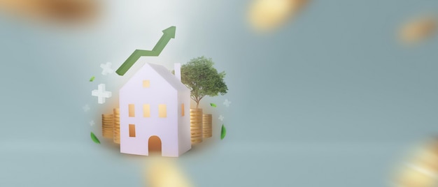 Foto investitionen und technologie für immobilienunternehmen. hand, die ein papierhaus mit einem stapel bitcoin oder goldmünzen hält und ein diagramm anhebt. unternehmensinvestitionen und kredite für immobilienkonzept.