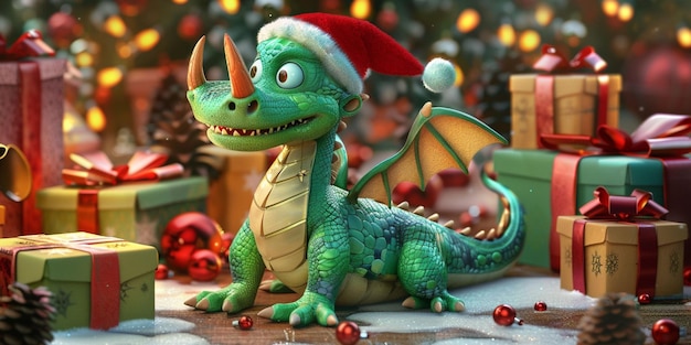 Foto invierno adorable dragón verde un amigo festivo que lleva regalos
