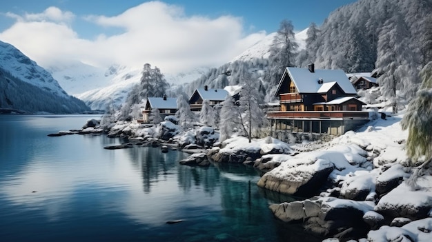 Invierno en los alpes suizos aguas cristalinas y casa de madera