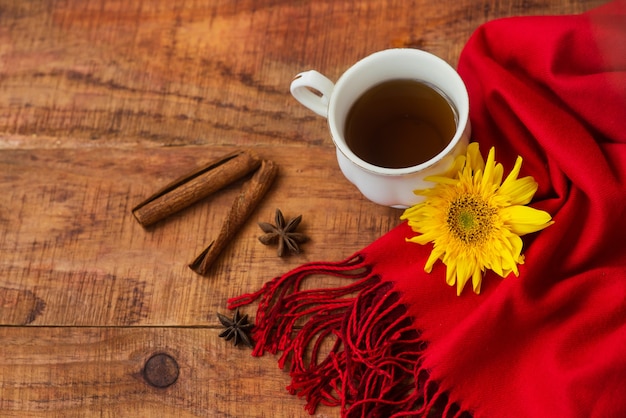 Invierno, ambiente cálido. Taza de té negro caliente con pañuelo rojo, canela y girasol sobre fondo de madera