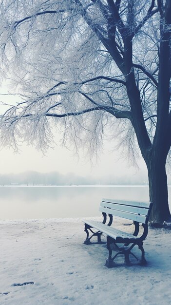 Foto invierno belleza naturaleza tranquilidad banco solitario en el parque disparo vertical