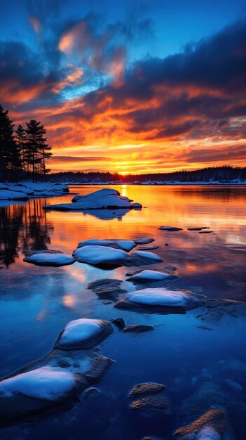 Foto invierno belleza naturaleza tranquilidad puesta de sol en el lago paisaje sereno escena de invierno disparo vertical