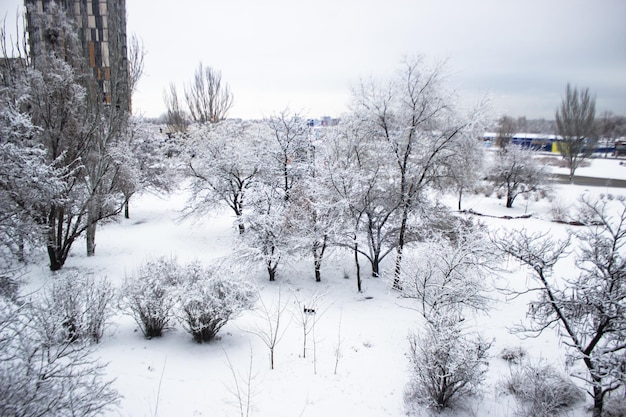 Invierno en la ciudad Vista nevada desde la ventana