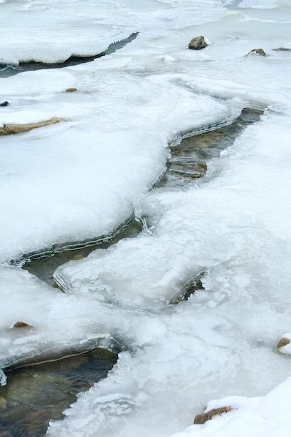 Invierno (comienzo de primavera) vista al río de montaña con hielo en la superficie del agua
