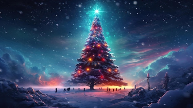 Invierno encantado Un árbol de Navidad en un amanecer nevado
