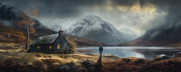 Invierno Escocia o Noruega colinas en un día brumoso Montañas brumosas y clima lluvioso cielo dramático en las tierras altas de Escocia pancarta ancha