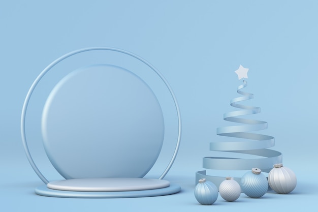 Invierno festivo azul podio 3d Árbol de Navidad y bolas Plantilla de vacaciones Mock up pedestal de escenario