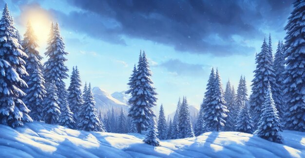 Invierno en las montañas abeto abeto en la nieve Amanecer en invierno una zona boscosa al amanecer amanecer en los rayos del sol Árbol de Navidad paisaje 3d ilustración