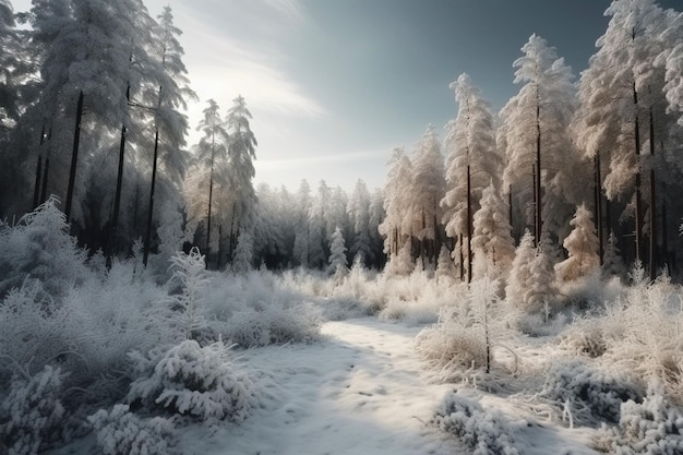 Invierno de Navidad bosque denso de nieve amanecer río congelado con hielo AI generado modelo de bandera de encabezado