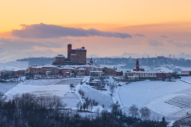 Invierno nieve ver viñedos paisaje al atardecer