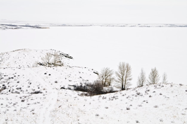 Foto invierno. la orilla del lago congelado