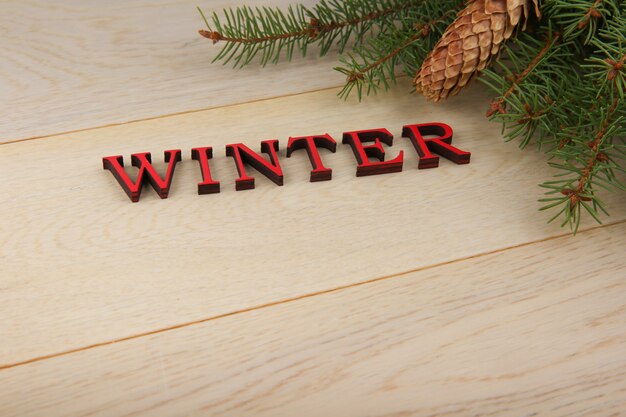 Invierno palabra roja sobre fondo de madera con ramas de árboles de Navidad y cono