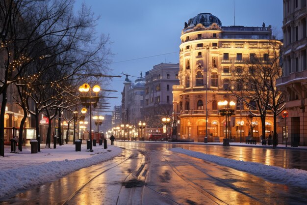 Invierno en plena plaza de la ciudad fotografía publicitaria.