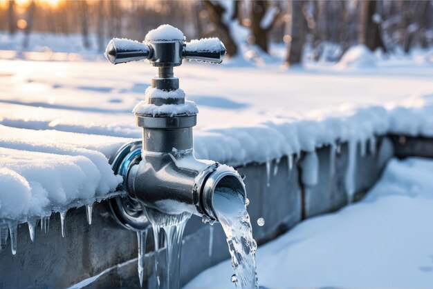 Foto en invierno, un primer plano revela un grifo congelado su mezclador de agua del grifo encerrado en hielo y nieve