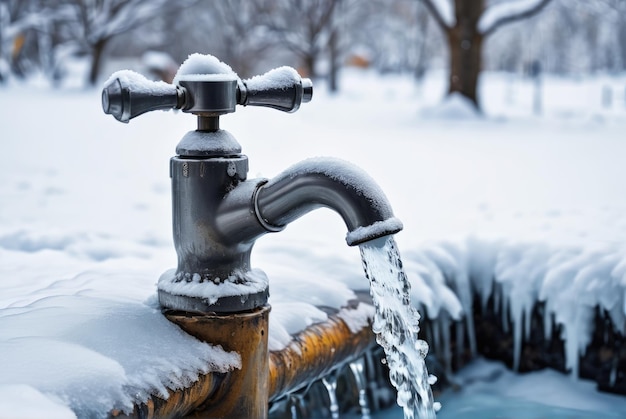 Foto en invierno, un primer plano revela un grifo congelado su mezclador de agua del grifo encerrado en hielo y nieve